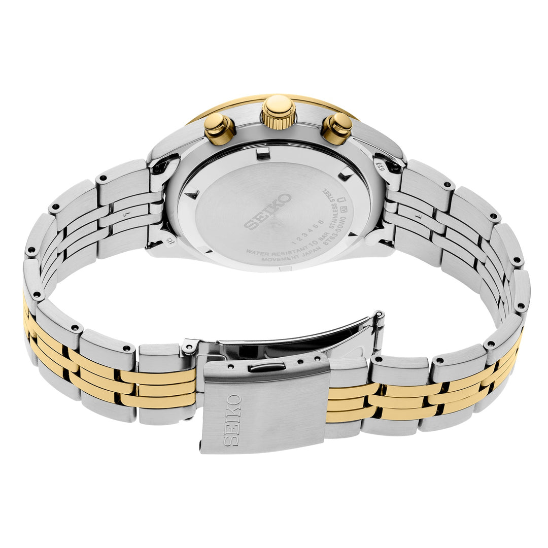 Seiko SSB430 Essentials chronograph watch caseback and two-tone bracelet
