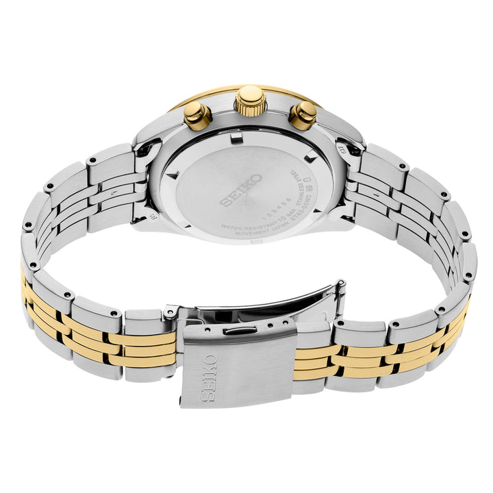 Seiko SSB430 Essentials chronograph watch caseback and two-tone bracelet