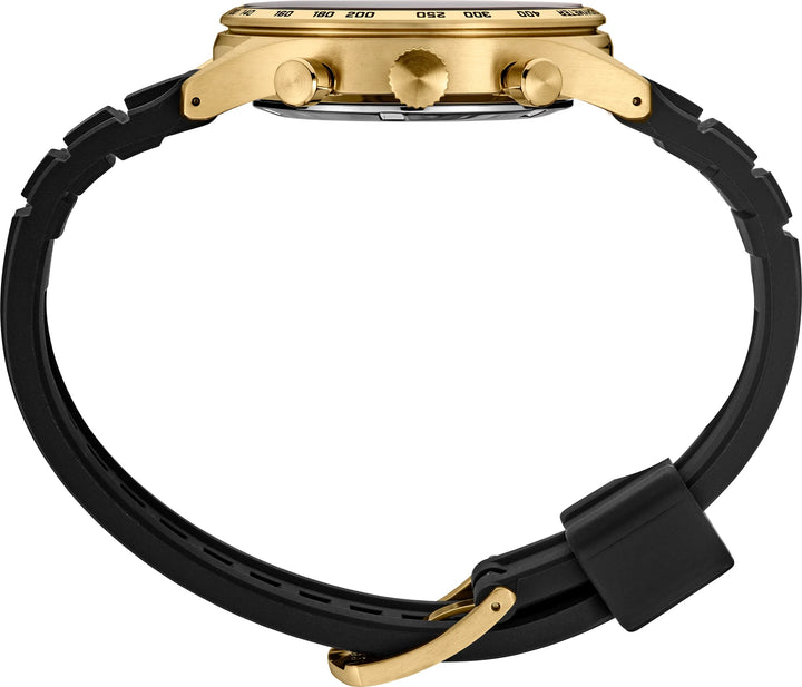 Seiko SSB446 gold-tone case, chronograph pushers and black silicone strap, side profile