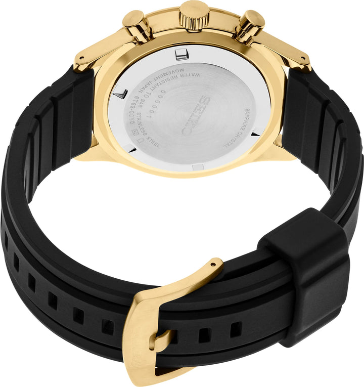 Seiko SSB446 stainless steel caseback, black silicone strap and buckle