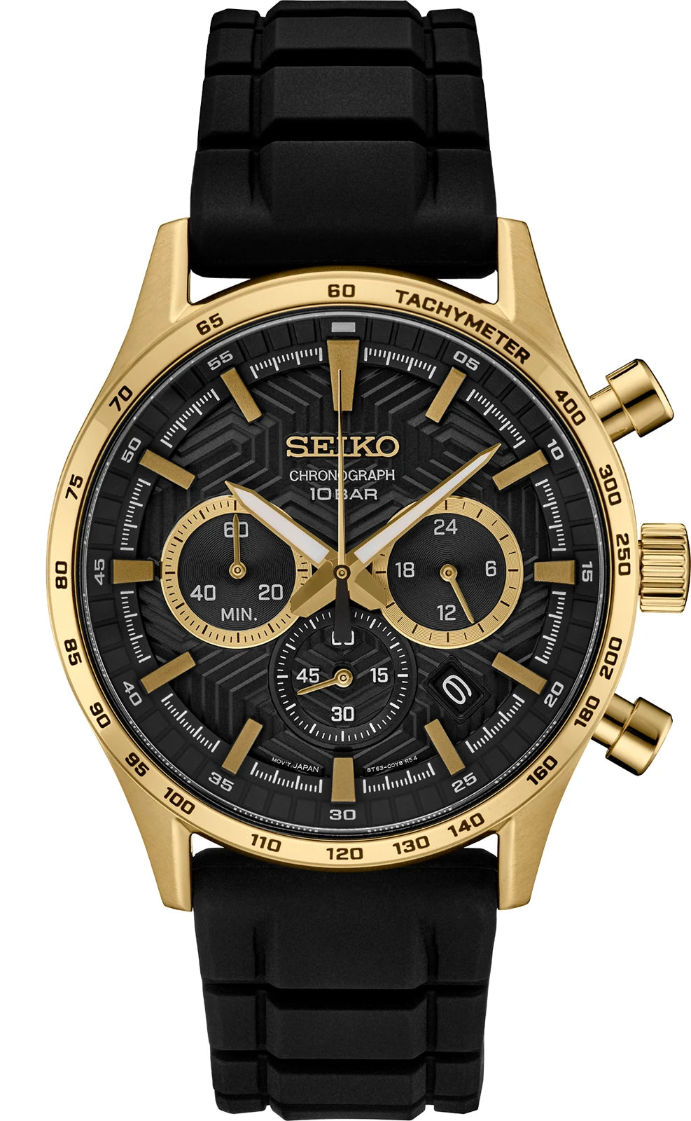 Seiko SSB446 43mm quartz chronograph with black dial, gold-tone case and black silicone strap, front view