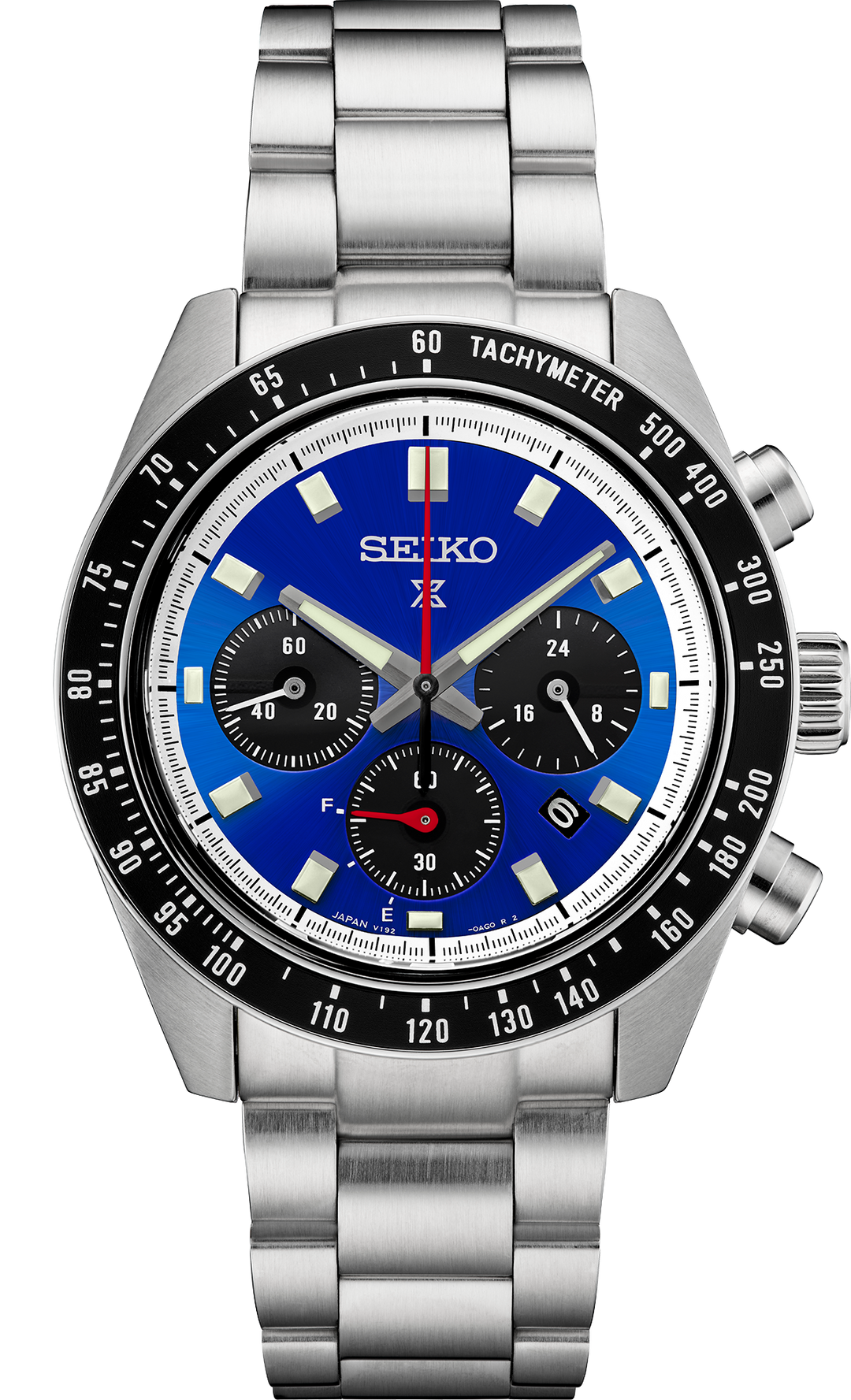 Seiko SSC931 Prospex Speedtimer chronograph with blue dial and steel bracelet, front view