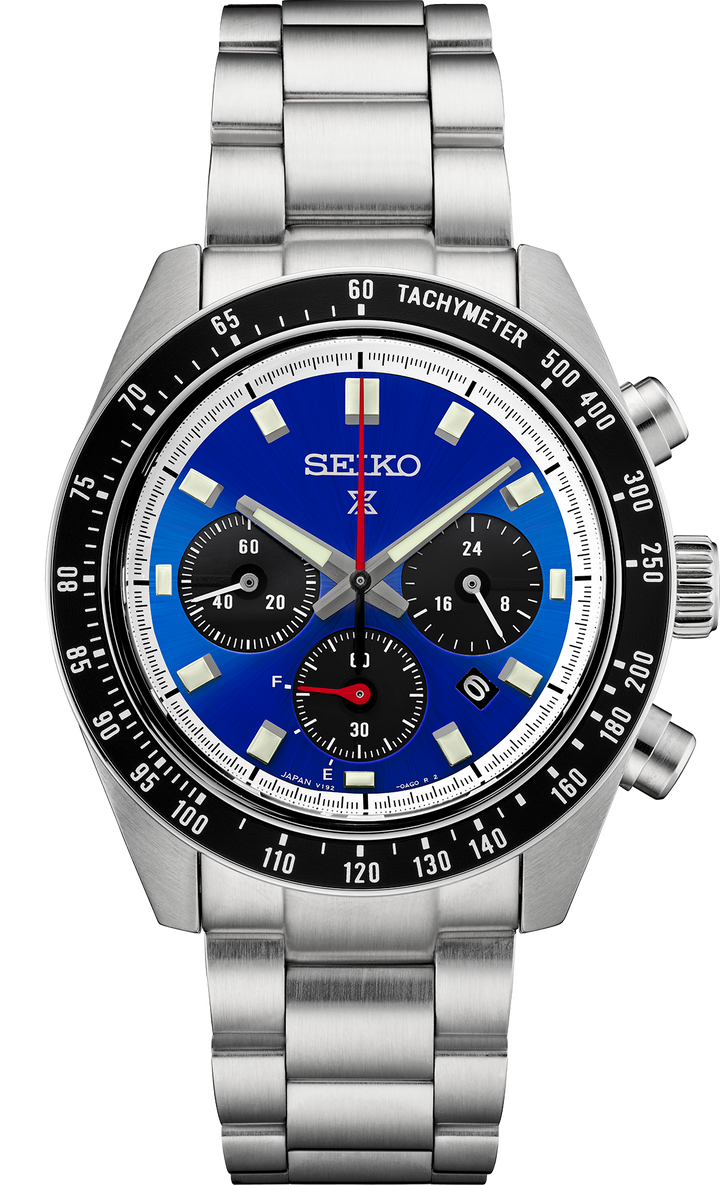 Seiko SSC931 Prospex Speedtimer chronograph with blue dial and steel bracelet, front view