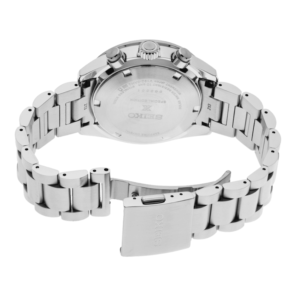 Seiko SSC931 Prospex Speedtimer solar chronograph angled view
