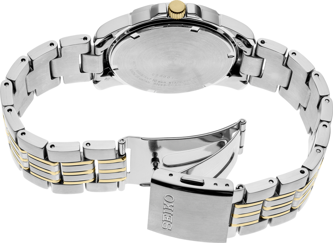 Seiko SUR356 Essentials quartz watch caseback and bracelet