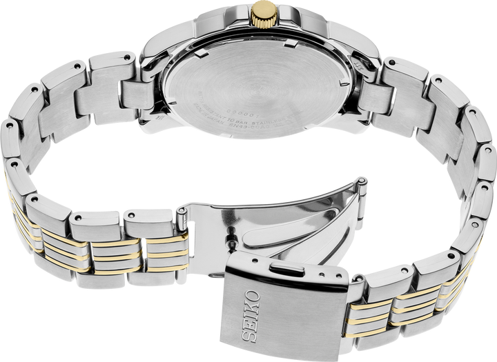 Seiko SUR356 Essentials quartz watch caseback and bracelet