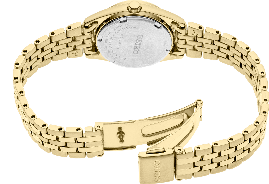 Seiko SUR440 Essentials quartz watch caseback and bracelet