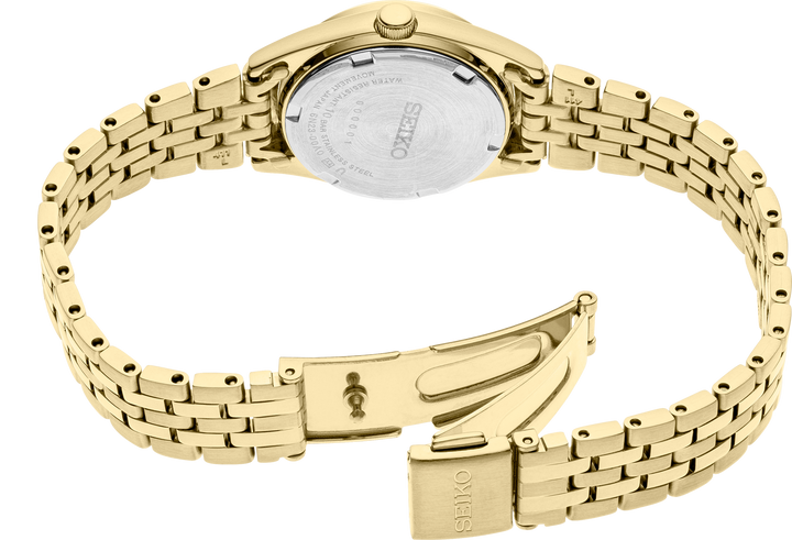 Seiko SUR440 Essentials quartz watch caseback and bracelet