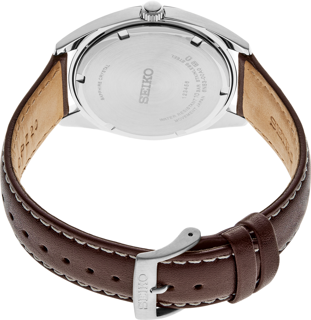 Seiko SUR449 green dial quartz watch caseback and leather strap