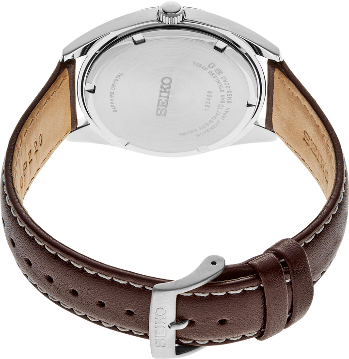 Seiko SUR449 green dial quartz watch caseback and leather strap