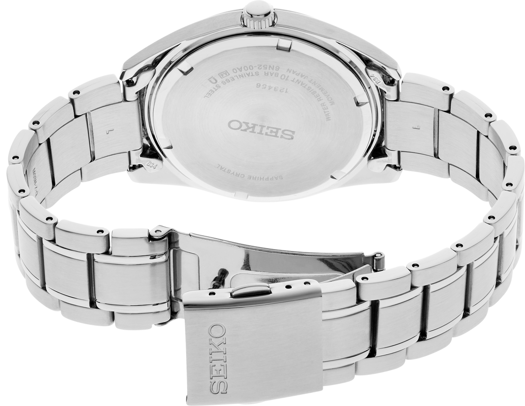 Seiko SUR525 Essentials quartz watch caseback and bracelet