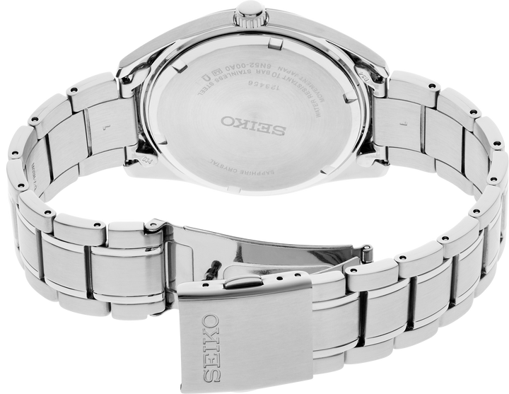 Seiko SUR525 Essentials quartz watch caseback and bracelet
