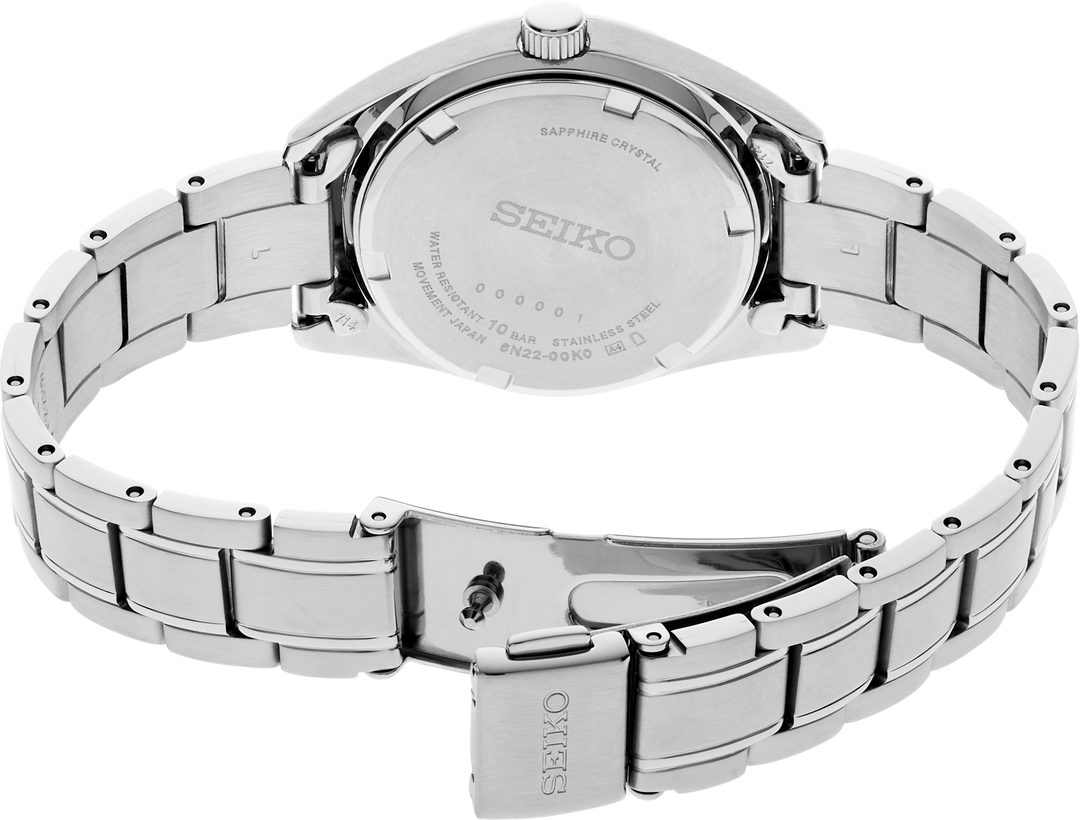 Seiko SUR531 Essentials quartz watch caseback and bracelet