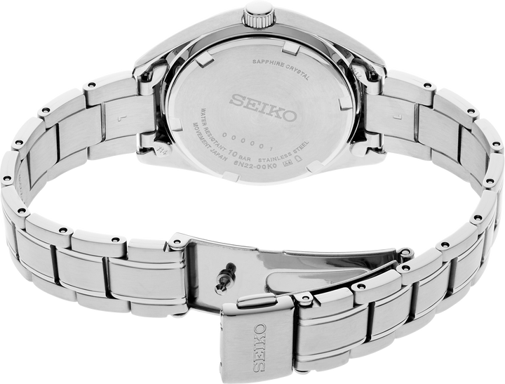 Seiko SUR531 Essentials quartz watch caseback and bracelet