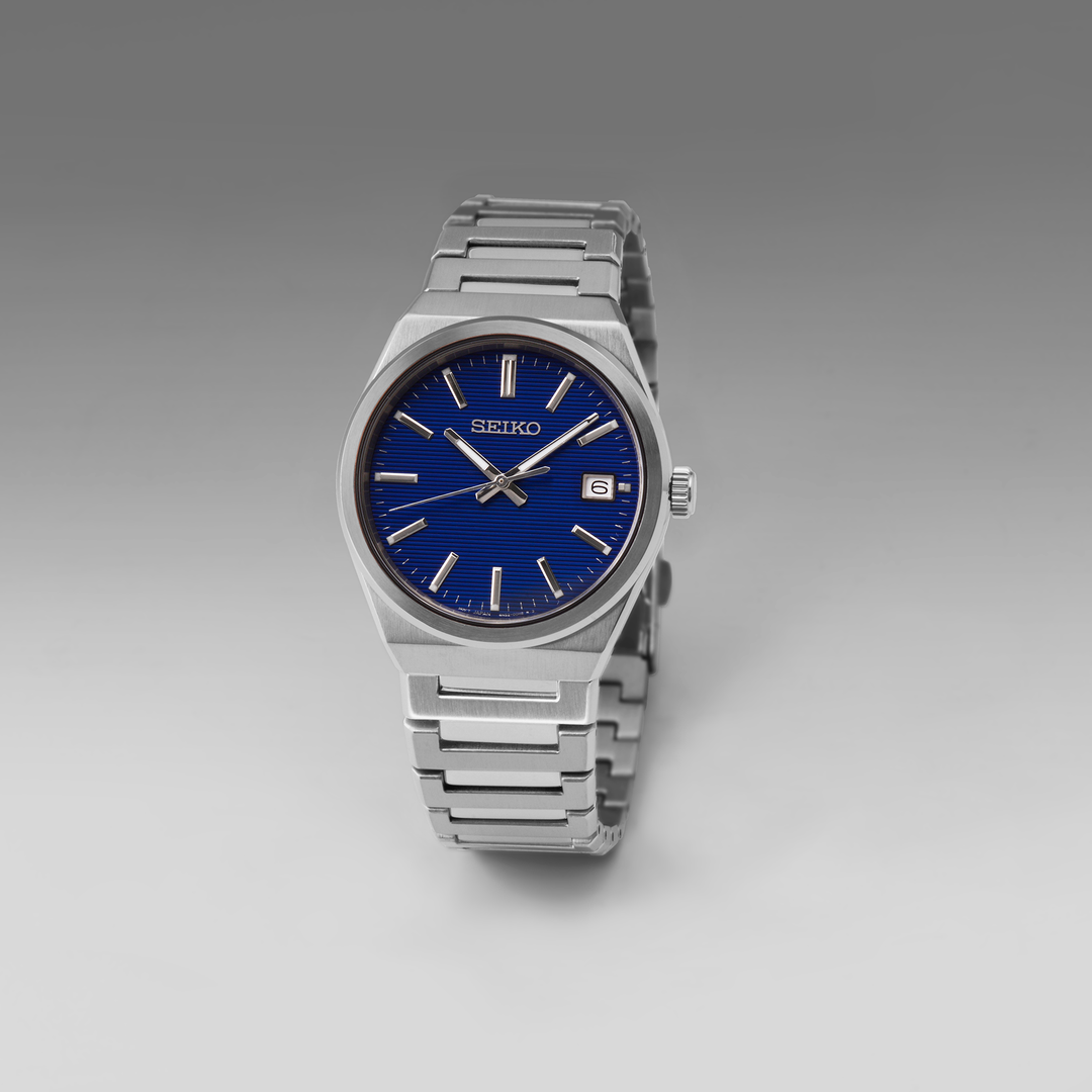 Seiko SUR555 Essentials blue dial watch lifestyle view
