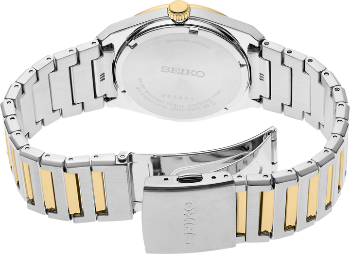 Seiko SUR558 Essentials two-tone watch caseback and bracelet