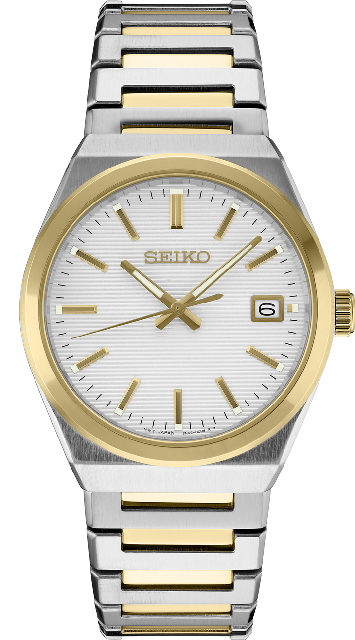 Seiko SUR558 Essentials two-tone quartz watch front view