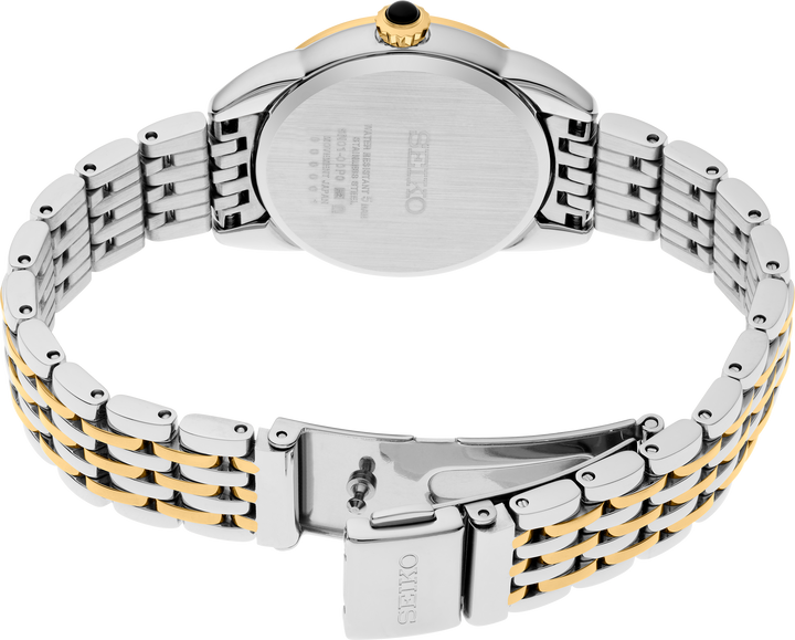 Seiko SUR562 Ladies Essentials quartz watch caseback and bracelet