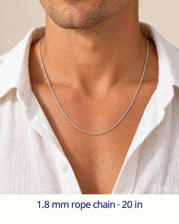 Men's styling view of a 1.8 mm sterling silver rope chain necklace, shown at a 20-inch example length.