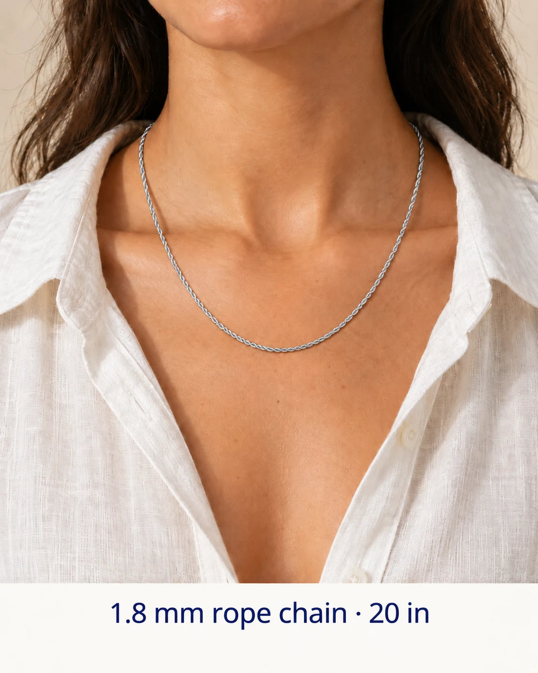 Women's styling view of a 1.8 mm sterling silver rope chain necklace, shown at a 20-inch example length.