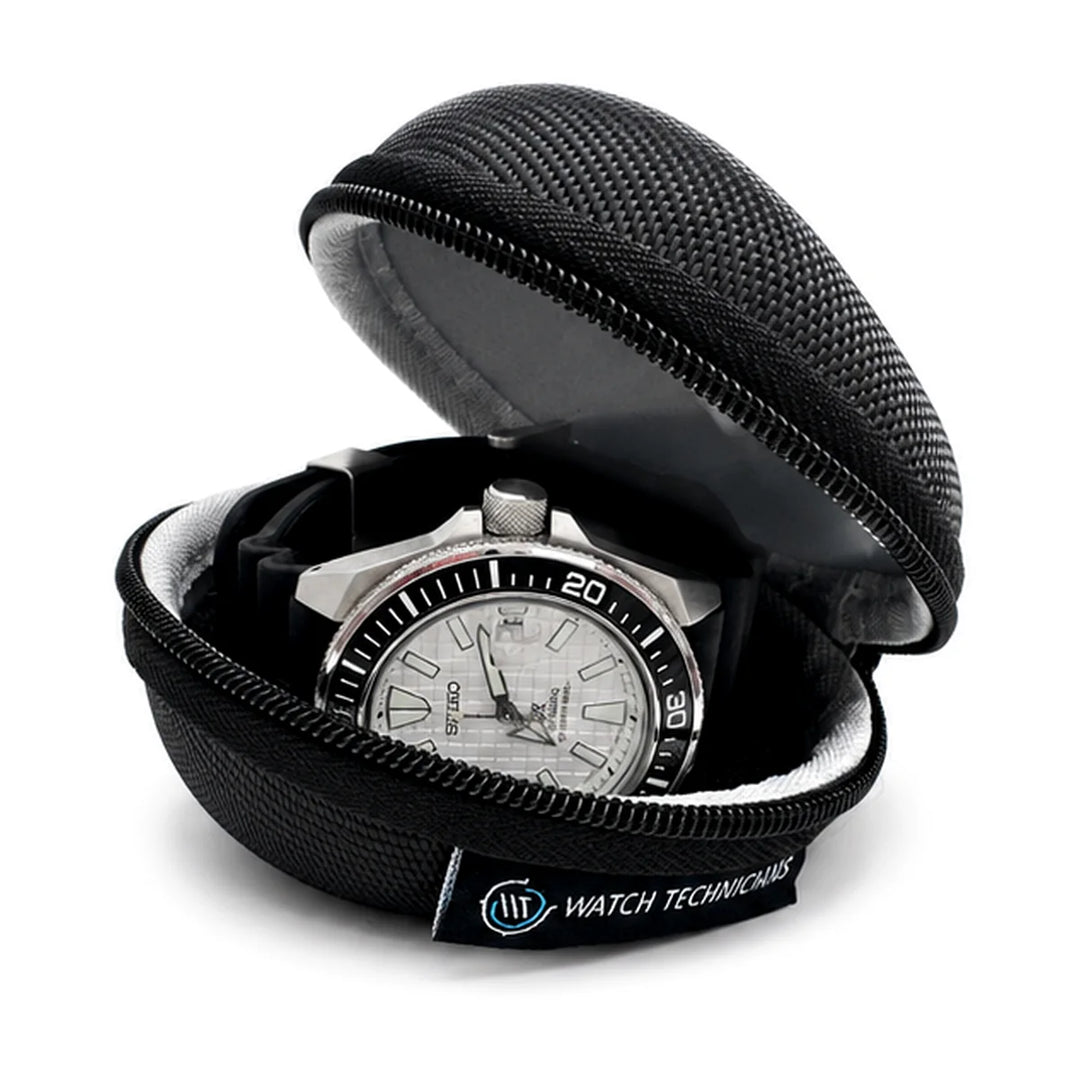 Watch Technicians protective watch travel case shown with a watch