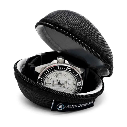Open Watch Technicians protective travel case with a demonstration watch inside