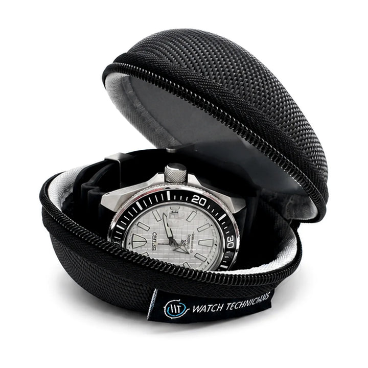 Watch Technicians protective watch travel case shown with a watch
