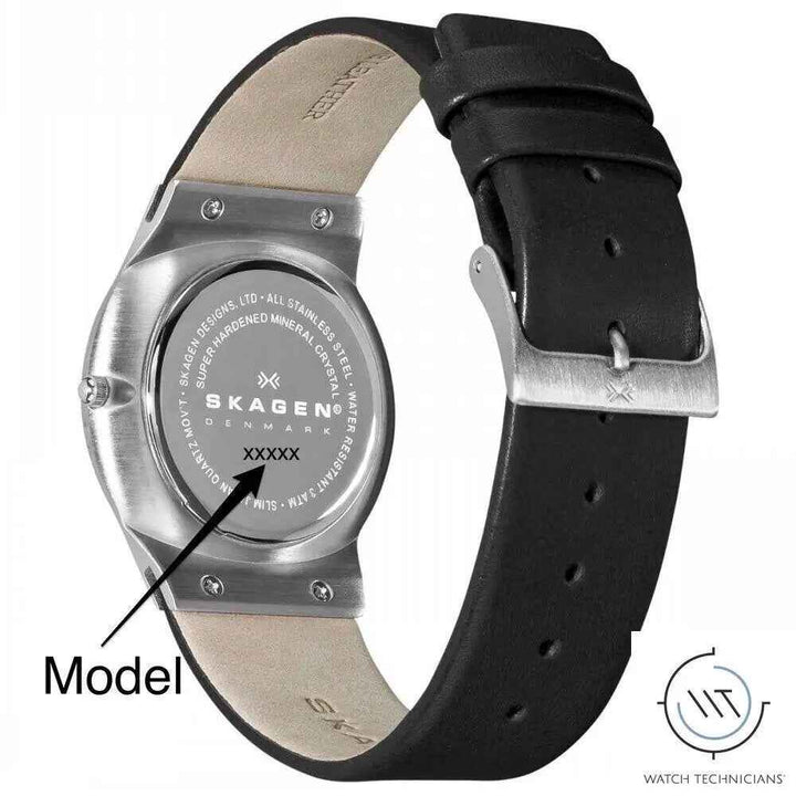 Skagen Genuine Black Leather Watch Strap/Band w/set of 4 screws - Watch Technicians Store