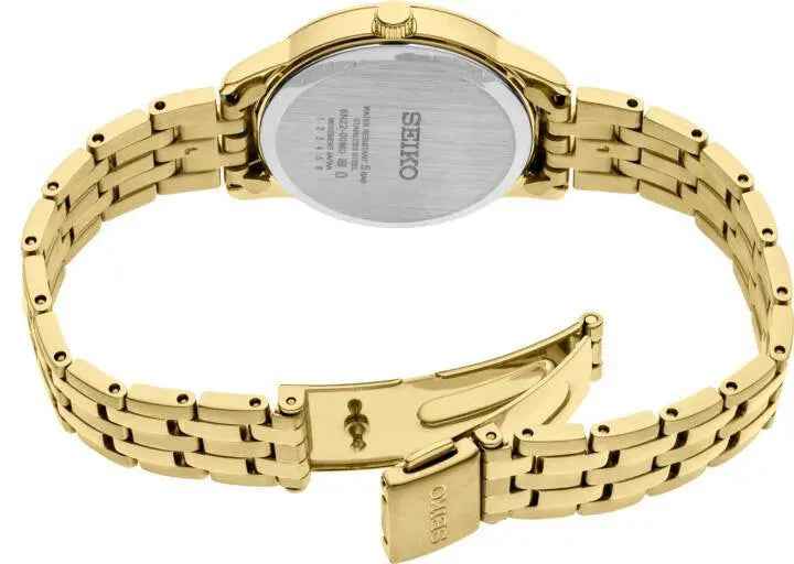 Seiko SUR444 women's gold-tone quartz watch angled view